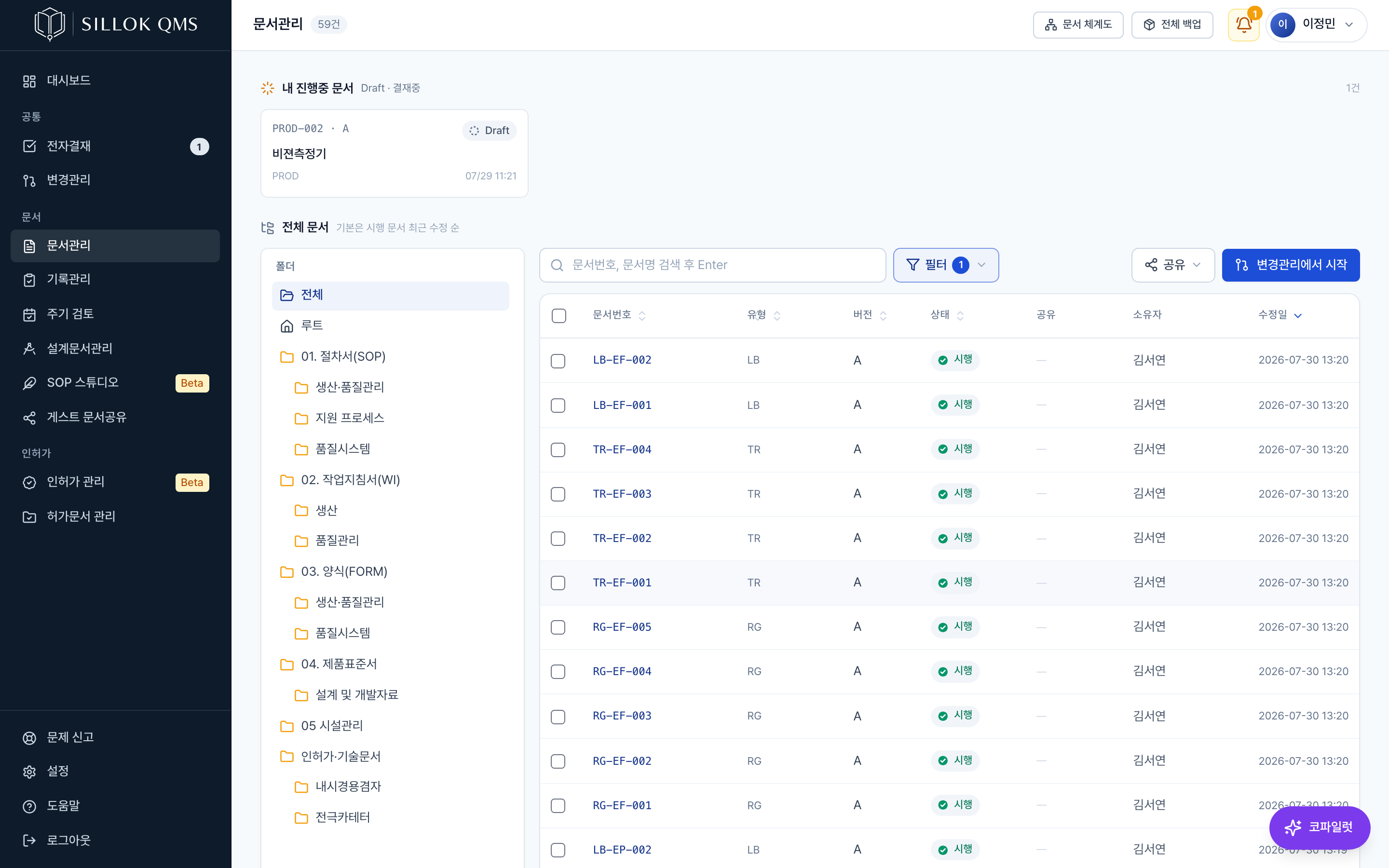 실록 문서 목록 — 문서마다 초안/결재중/시행/폐기 상태 뱃지가 붙어 있다
